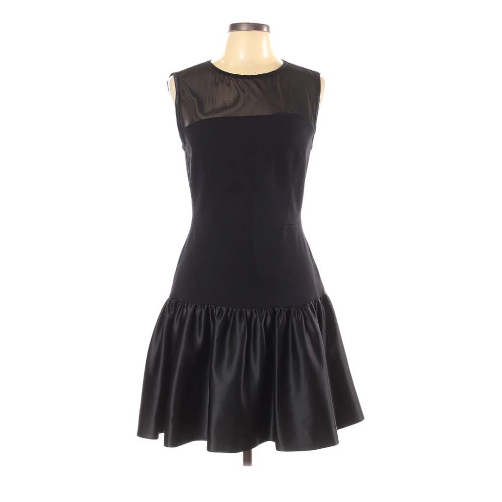 Erin Fetherston Black Sheath Dress Mesh Top Satin Ruffle Bottom Women's 10